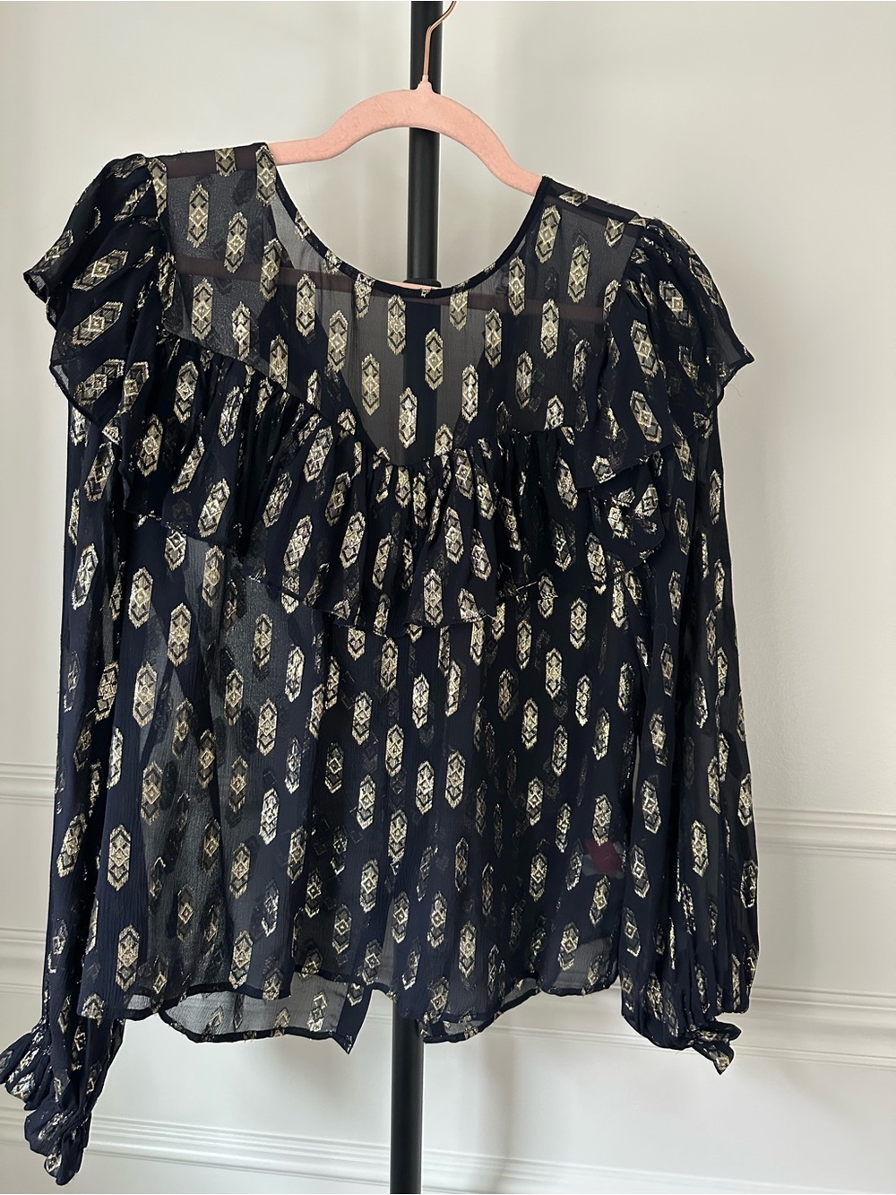 Love Shack Fancy Sheer Black Metallic Geometric Ruffle Blouse